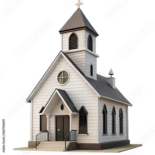Quaint traditional white clapboard church building isolated on transparent background