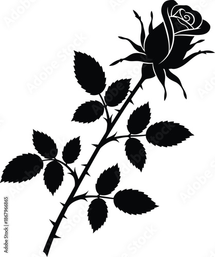 Black silhouette of a rose stem with leaves and thorns