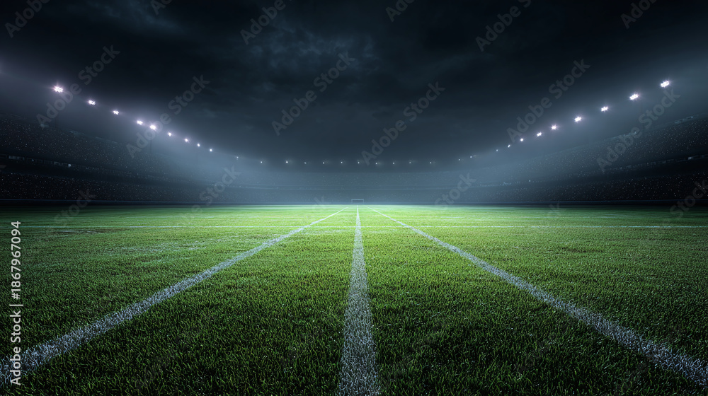 Obraz premium An empty football stadium field under the lights and a dramatic sky