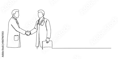 Continuous one line of a doctor shaking hands with a patient, symbolizing trust in healthcare, drawn vector illustration.