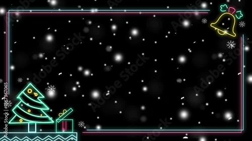 Animated Christmas Neon Frame Video Background with Falling Snow, Festive Tree, and Jingle Bell