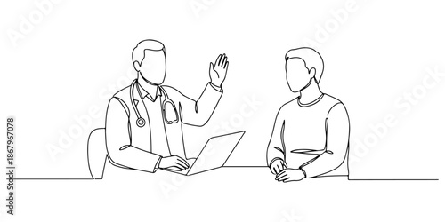 Continuous one line of a doctor raising his hand while giving advice to a patient, symbolizing explanation in medicine, drawn vector illustration.