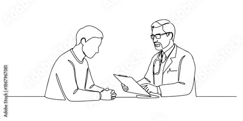 Continuous one line of a patient listening attentively to a doctor, representing attention in health care, drawn vector illustration.