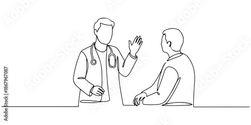 Continuous one line of a doctor raising his hand while giving advice to a patient, symbolizing explanation in medicine, drawn vector illustration.