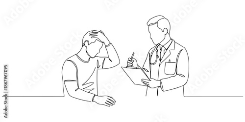 Continuous one line of a patient shaking his head while the doctor explains, representing concern in health care, drawn vector illustration.