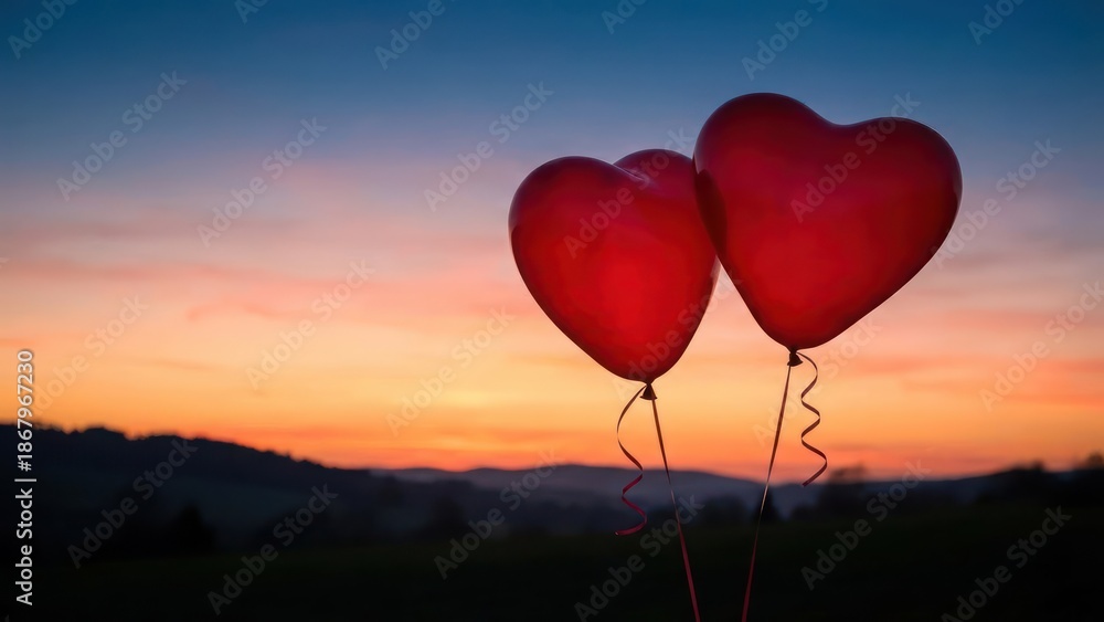 Obraz premium Two Red Heart Shaped Balloons Floating Against Clear Blue Sky At Sunset