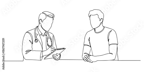 Continuous one line of a doctor writing notes while a patient speaks, symbolizing patient record keeping, drawn vector illustration.
