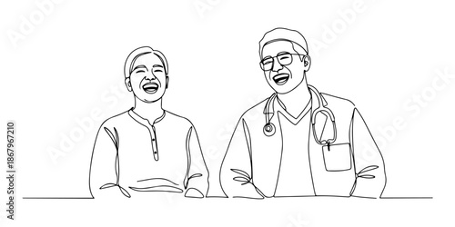 Continuous one line of a patient laughing with a doctor, representing human relationships in healthcare, drawn vector illustration.
