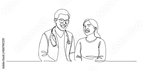 Continuous one line of a patient laughing with a doctor, representing human relationships in healthcare, drawn vector illustration.