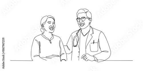 Continuous one line of a patient laughing with a doctor, representing human relationships in healthcare, drawn vector illustration.