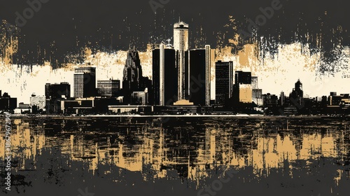 Urban Skyline Art with Reflections in a Dramatic Color Palette