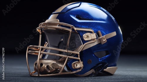 Modern football helmet design with glossy blue finish and gold accents