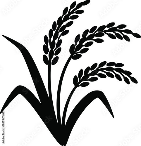 Black silhouette of rice stalks with leaves grain plant