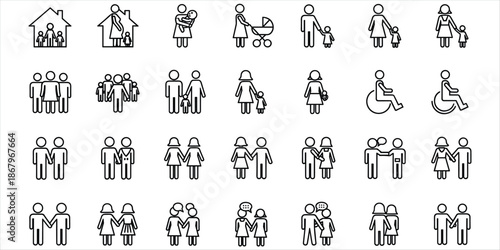 Diverse Family and People Icons Set Including Couples and Wheelchair Users Keywords: family, people, icon, set, diverse, couple