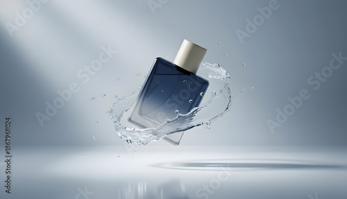 the levitation of Exclusive and simple square perfume bottle in dark blue color. bright background