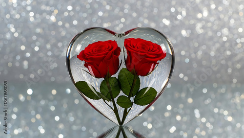 Heart-shaped vase with two red roses