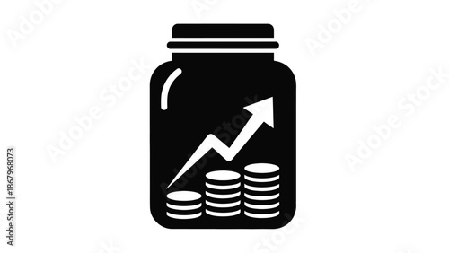 Black and white icon depicting a savings jar containing three stacks of rising coins underneath a strong upward trending arrow symbolizing financial growth and investment success concepts