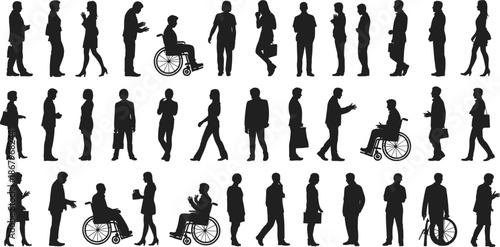 Diverse Silhouettes of People in Various Poses and Activities on White Background woman business