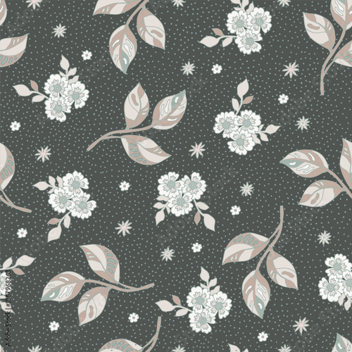 Charcoal Vintage Cottage Floral Leaf Scatter Pattern