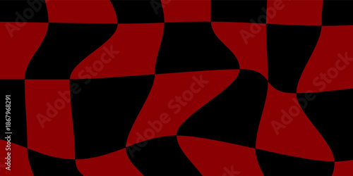 Trippy checkerboard background. Retro psychedelic checkered wallpaper. Wavy groovy chessboard surface. Distorted geometric pattern.