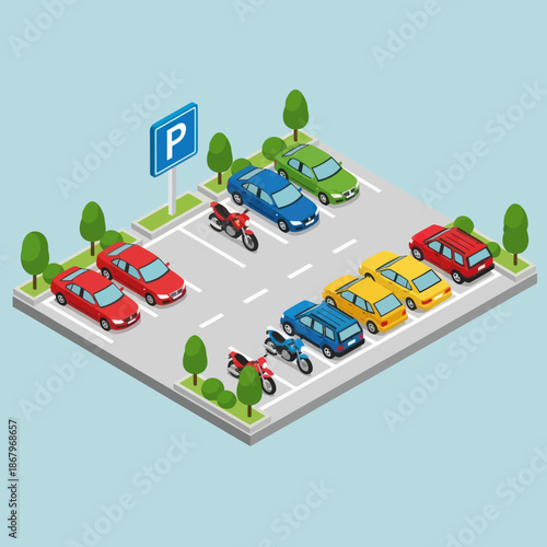 Isometric Parking Lot with Cars and Motorcycles.