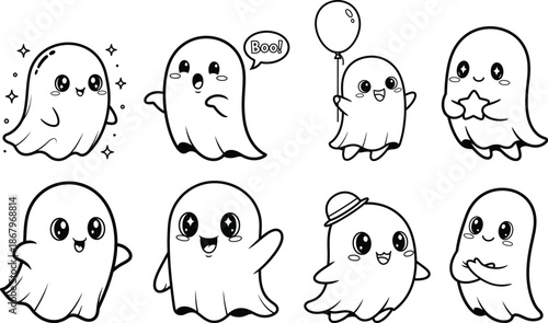 A collection of cute cartoon ghost characters with various expressions