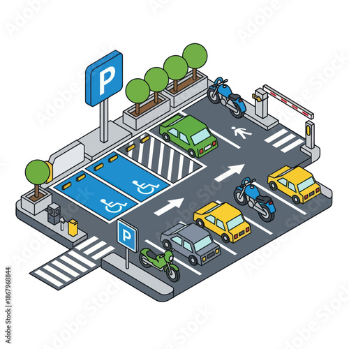 Parking Lot with Cars and Signage.