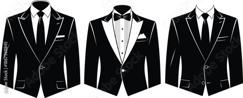 Classic black tuxedo and suit jackets set, elegant formal menswear silhouettes, business wedding fashion vector illustration isolated on white background