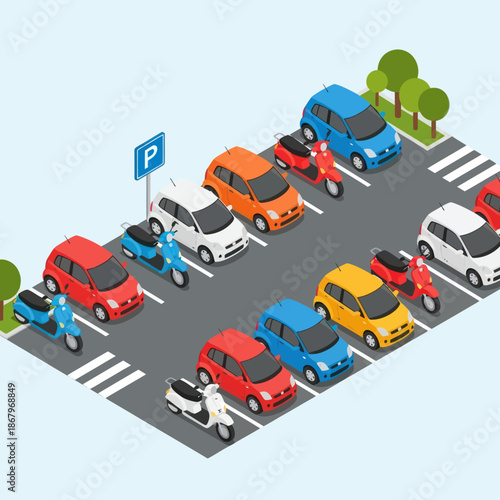 Isometric Cars and Motorcycles in Parking Lot.