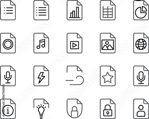Document File Icons Set List Chart Grid Pie Chart Music Video Photo Globe vector illustration
