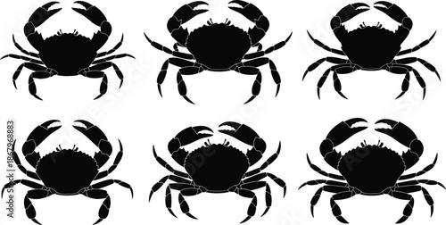 Collection of black crab silhouettes, aquatic animal icons set, seafood restaurant menu elements, marine life crustacean symbols isolated on white background vector illustration.