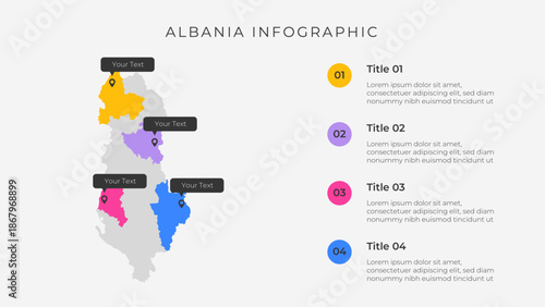 Albania map infographic template with 4 options. Albania political map infographic for presentation.