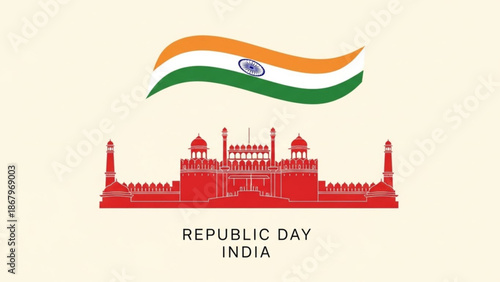 Indian Flag Waving Above Red Taj Mahal on Republic Day in India