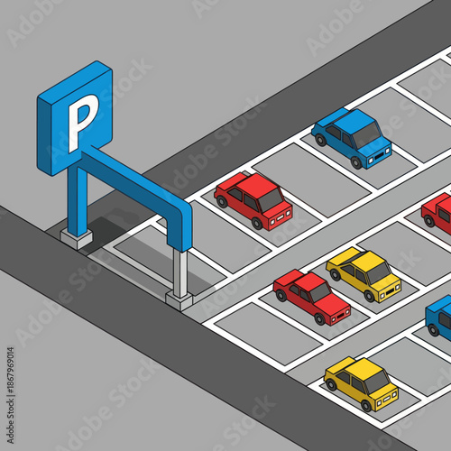 Parking Lot with Cars and Sign.