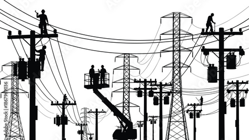 Electric power line workers and transmission towers silhouette, black and white vector illustration of electrical grid maintenance, utility infrastructure, energy industry