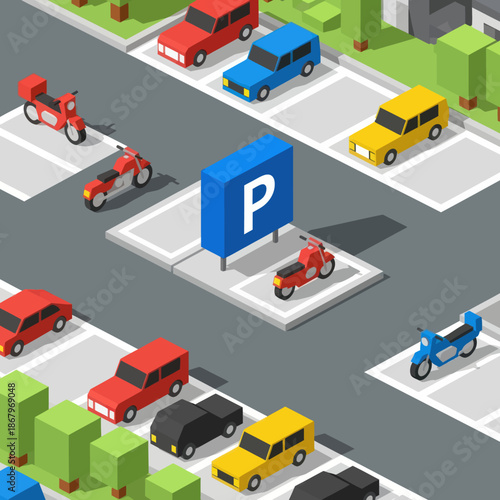 Isometric Parking Lot with Vehicles and Sign.