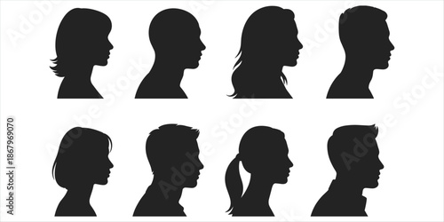 Eight Black Silhouette Profile Portraits of Men and Women on White Background heads faces