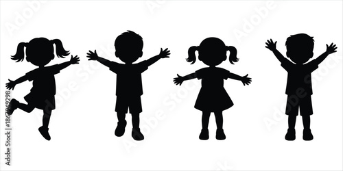 Four Energetic Children Silhouettes with Arms Raised on White Background vector