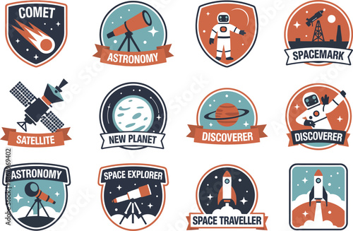 Set of twelve space exploration themed badges with various and labels