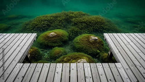Wallpaper Mural Serene underwater landscape with moss-covered rocks and clear turquoise water, viewed from a weathered wooden deck Torontodigital.ca