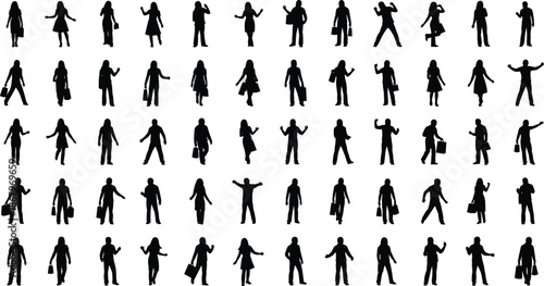 Large set of black silhouettes of people in various standing walking and active poses, diverse crowd of men and women vector icons,