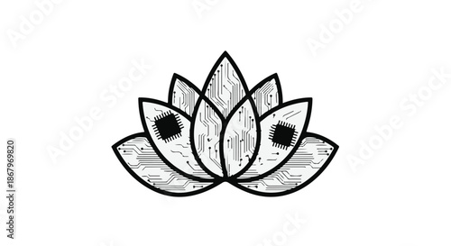 Lotus flower with integrated circuit patterns symbolizes technological harmony and nature.