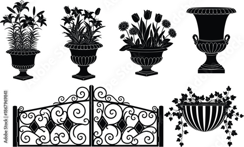 Set of vector silhouettes of garden decor, including flower urns, wrought iron fence gate, and hanging planter, isolated on white background, for landscaping.