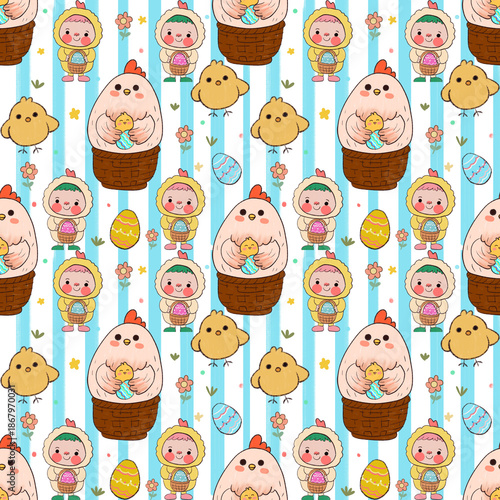 Blue Striped Easter Holiday Seamless Pattern. A fun and busy Easter pattern with farm animals and kids in costumes over blue stripes. Ideal for wrapping paper, fabrics, and festive decor.