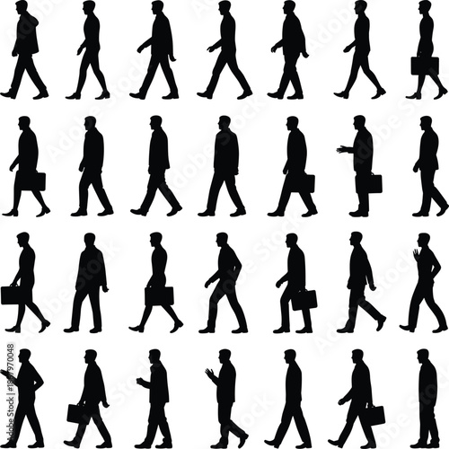 Businessman silhouettes walking with briefcases, professional corporate workers, office commute illustration, business people in motion, career and workforce concept