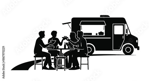 Friends enjoying a casual meal outdoors at a food truck
