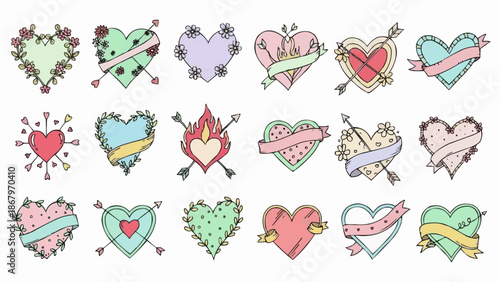Collection of Hand Drawn Hearts with Arrows and Ribbons.
