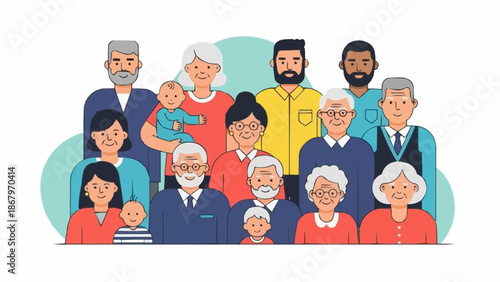 Diverse group of people representing multiple generations of a family.