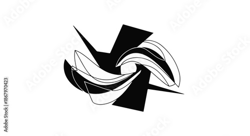 Abstract black and white graphic design with swirling lines and sharp angles creating a dynamic motion effect.
