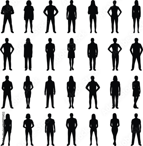 Diverse people silhouettes standing, modern human figures illustration, casual crowd poses, community and population concept, black outline characters design